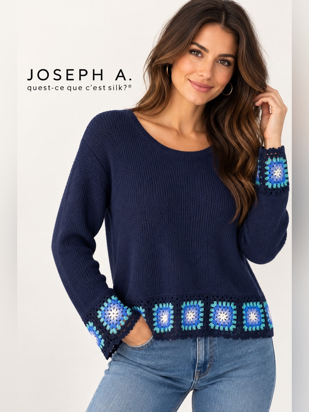 Joseph A. Crochet Trim Knit Pullover Sweater Navy Blue Size L